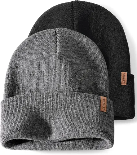 Vista 11 de FURTALK Paquete de 2 gorros con puños para hombre y mujer, gorro de Negro + Gris Oscuro