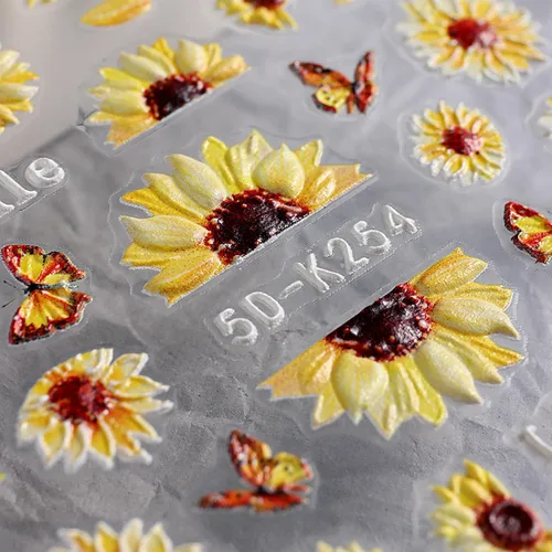 Vista 7 de 4 hojas de calcomanías de girasoles para uñas, calcomanías 5D en relieve de flores de sol de verano, calcomanías de uñas grabadas con flores