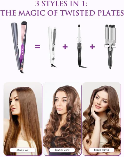 Vista 3 de LANDOT Plancha para el cabello y rizador 2 en 1: crea ondas de salón, rizos y estilos lisos en casa Placas flotantes, anti-frizz y sin enredos