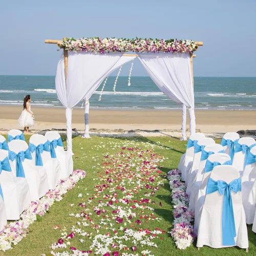 Vista 5 de 10 PCS Lazos de Satén Azul Bebé para Sillas Bandas Universales Cintas para Sillas Lazos Traseros para Bodas Fiestas Recepciones Eventos Banquetes
