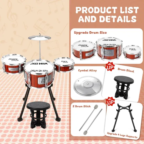 Vista 3 de Juego de Batería para Niños, Juguetes Musicales, Juego de Tambores para Niños Pequeñas de 3 a 5 Años, Kit de Tambores Jazz con Taburete, 3 Tambores
