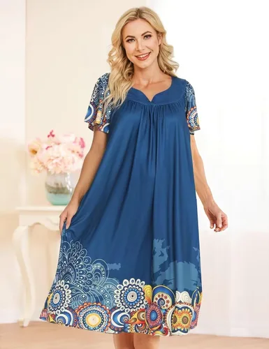Vista 4 de Muumuu - Vestidos de casa para mujer, camisón de manga corta Moomoo con bolsillos, tallas S-3XL
