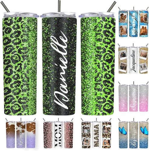 Vista 18 de Vaso delgado personalizado con purpurina con tapas y popotes, nombres, vasos de acero inoxidable personalizados con imagen para mujeres, hombres