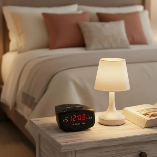 Vista 5 de Westclox Radio despertador dual de 0.6 pulgadas, pantalla LED roja, radio FM con 20 preajustes, brillo ajustable, repetición y batería de respaldo