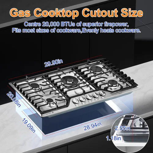 Vista 3 de AMZCHEF Placa de cocina de gas de 30 pulgadas con 5 quemadores SABAF fabricados en Italia. Máx. 48300 BTU/hr Estufa de gas incorporada de acero