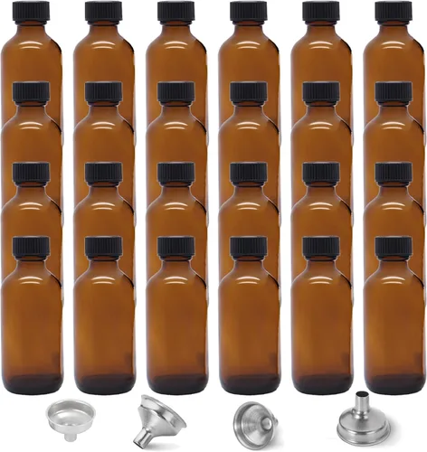 Vista 12 de Paquete de 6 botellas de vidrio ámbar de 2 onzas para extracto de vainilla, tarros redondos de vidrio marrón Boston a prueba de fugas con tapas