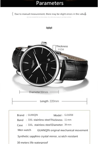 Vista 6 de Reloj de pulsera de cuero de acero inoxidable mecánico automático automático de moda analógica para hombre Fecha luminosa