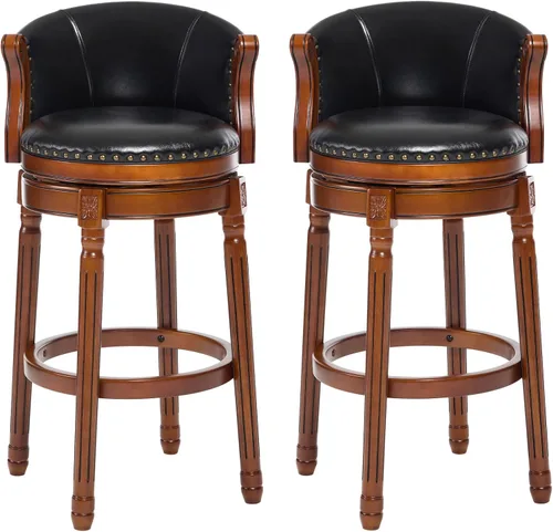 Vista 8 de CozyRain Taburetes de bar de madera de goma, taburete de bar tapizado de cuero con respaldo y reposapiés para el hogar, cocina, mostrador, comedor
