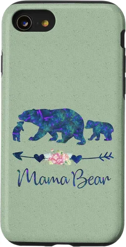 Vista 18 de Teal Blue Purple Floral Mama Bear and Two Cubs Light Green Case for iPhone 16