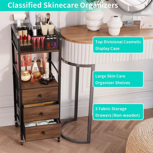 Vista 4 de HapiRm Organizador de Carrito de Maquillaje Rodante - Almacenamiento de Maquillaje y Cuidado de la Piel de Piso con 3 Cajones de Tela No Tejida