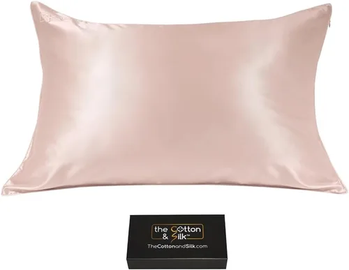 Vista 40 de Funda de almohada de seda de morera 22 Momme (cierre envolvente en la parte posterior), colección elegante, tamaño Queen, caramelo + crema