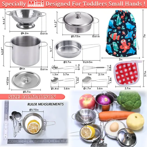 Vista 5 de Utensilios de cocina en miniatura, juguetes de cocina de juego de simulación, juego de cocina de acero inoxidable, juguetes de juego Montessori