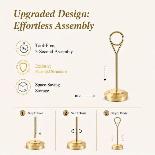 Vista 5 de Radezon 12 soportes dorados para números de mesa, 4 pulgadas de alto para mesa, soportes resistentes para fotos con base antipunta para recepción
