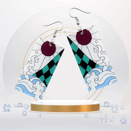 Vista 6 de Aretes Tanjiro y aretes Hanafuda aretes de acrílico Kamado Tanjirou Kimetsu No Yaiba Cosplay para Halloween regalo Acrílico Aventurina