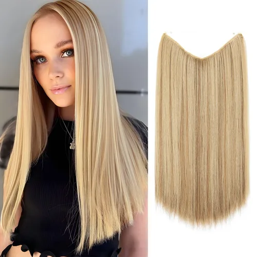 Vista 26 de SARLA Extensiones de cabello con alambre invisible de reflejos cortos rectas postizos sintéticos diadema transparente ajustable para mujeres 14
