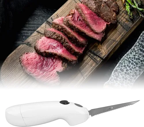 Vista 6 de Cuchillo eléctrico para carne, sin cable, funciona con pilas, cuchillo para tallar pavos de acero inoxidable, cuchillo de filete eléctrico