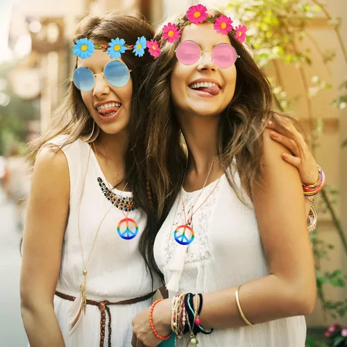 Vista 3 de TUPARKA Juego de 60 piezas de accesorios de disfraz de gafas hippie que incluye diademas multicolor de margaritas, gafas de sol hippie redondas