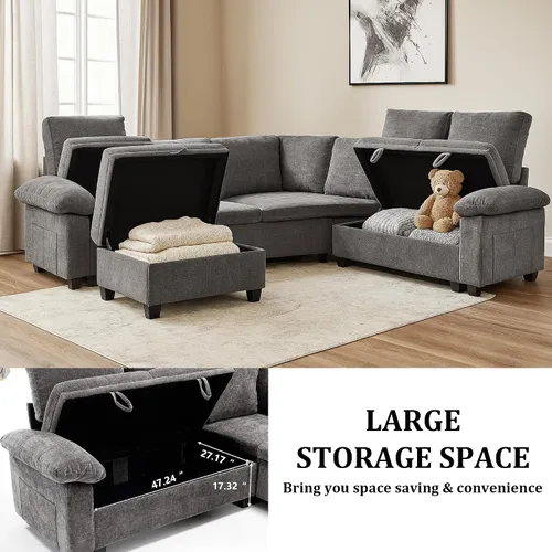 Vista 8 de Sofá modular modular de 108 pulgadas con cama extraíble, sofá cama en forma Gris