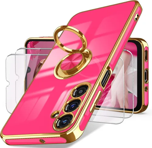 Vista 9 de Dretal Funda para Samsung Galaxy A15 5G, protector de pantalla, soporte de anillo giratorio de 360°, soporte magnético, borde dorado plateado, funda