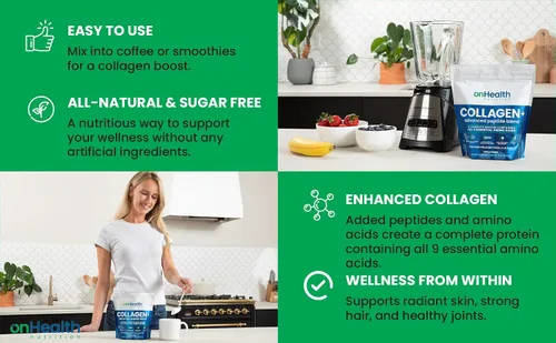 Vista 5 de onHealth - Polvo de péptidos multicolágeno tipo I, II, III, V y X proteína completa con los 9 aminoácidos esenciales, biotina, ácido hialurónico