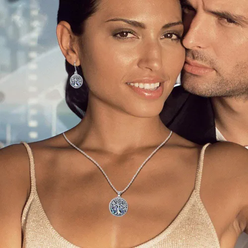 Vista 7 de Aniu Aretes colgantes de árbol de la vida, flor, turquesa, ópalo azul, malaquita, ágata musgo, lágrima, para mujer, plata de ley, aniversario