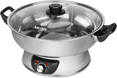 Vista 8 de Aroma Housewares AMC-130 Whatever Pot, parrilla de interior, cocina, olla caliente con tapa de vidrio, asas de bambú, 2.5 L, acero inoxidable/blanco
