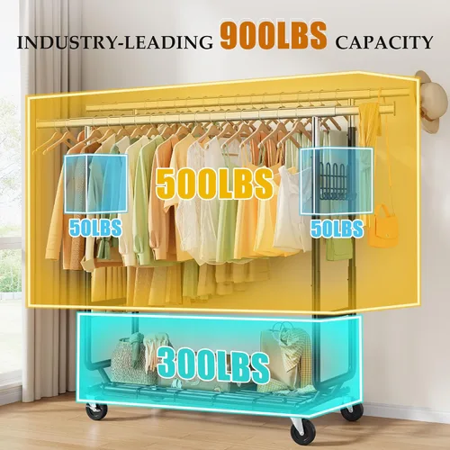 Vista 4 de Gewudraw Estante de ropa resistente con carga de 900 libras, estante comercial de doble barra con ruedas y estantes resistentes, estante colgante