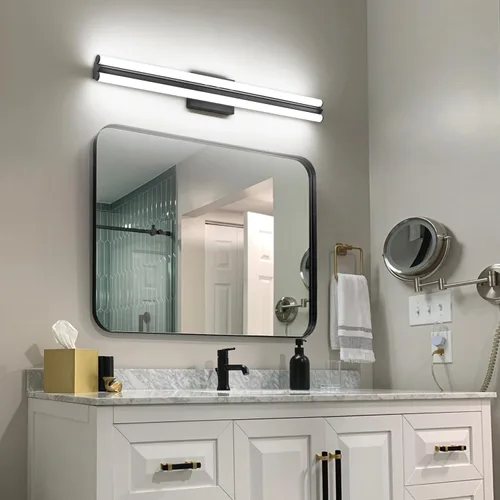 Vista 8 de SOLFART Lámpara de baño negra mate, barra de luz de tocador de 32 pulgadas, luces LED para espejo, luces LED para espejo, luz negra de tocador