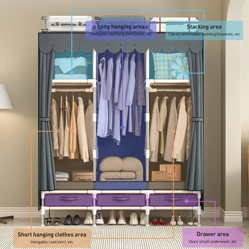 Vista 5 de Armario portátil con 3 cajones y 3 varillas para colgar, armario de tela para colgar ropa, funda gris, para ropa, ropa de cama, 51 pulgadas de ancho