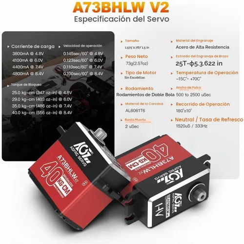 Vista 2 de AGFRC A73BHLW V2 88.2 lbs IP67 Impermeable Sin Escobillas 1/10 RC Servo Full Metal Gears, HV, Programmable Digital Servo, with 25T Metal Horn