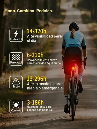 Vista 5 de Luz trasera de bicicleta de brillo variable, luz trasera de bicicleta con detección de freno, 800 mAh USB-C recargable, 4 modos de iluminación, IPX6