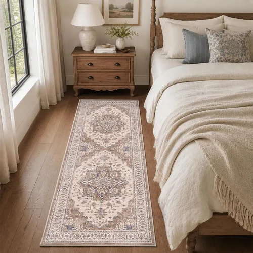 Vista 3 de Alfombra de pasillo vintage de 2 x 6 pies de pelo bajo Marrón beige