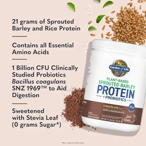 Vista 2 de Garden of Life, Probióticos de cebada germinada con proteínas, chocolate, 24.41 onzas