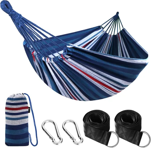 Vista 14 de Anyoo - Hamaca de algodón para jardín, con correas para colgar, hasta 660 libras, hamaca portátil con bolsa de viaje, perfecta para acampar al aire