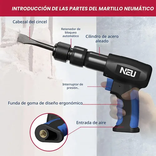 Vista 6 de Martillo neumático, kit de cincel de aire de barril corto NEU PNEUPACTURE de 7.480 in, con 4 cinceles, con retenedor de cambio rápido, cincel