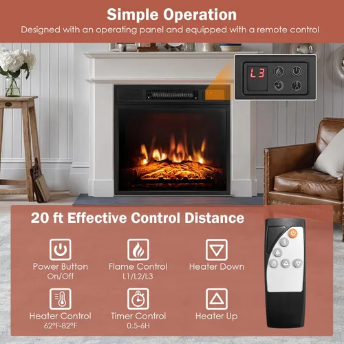 Vista 4 de Insertos de chimenea eléctrica de 18 pulgadas, calentador de chimenea empotrado de 1400 W con control remoto, temperatura ajustable y efectos