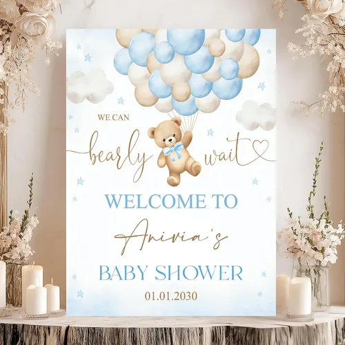 Vista 22 de Letrero de bienvenida con texto en inglés «We Can Bearly Wait Baby Show» para niño, tema de globo de oso de peluche azul Style#1