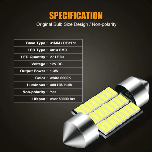Vista 3 de EBAIFUN Bombilla LED DE3175 de 31mm Blanca 6000K 12V Luz de Festón Súper Brillante 3175 DE3021 DE3022 Aplicación para Luces Interiores del Automóvil