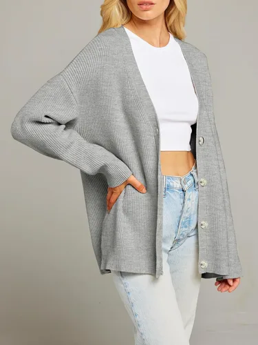 Vista 2 de MEROKEETY Suéteres tipo cárdigan para mujer 2023 para otoño, frente abierto, botones de gran tamaño, cuello en V, suelto, tejido suave