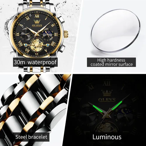Vista 5 de OLEVS Relojes para hombre impermeables de acero inoxidable con pulsera ajustable, reloj analógico de cuarzo para hombre, moda de negocios, clásico