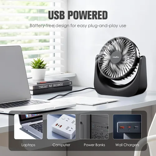 Vista 6 de TRILINK Pequeño ventilador de escritorio USB – Mini ventilador de mesa de 5 velocidades con inclinación ajustable, ultra silencioso, alimentado por