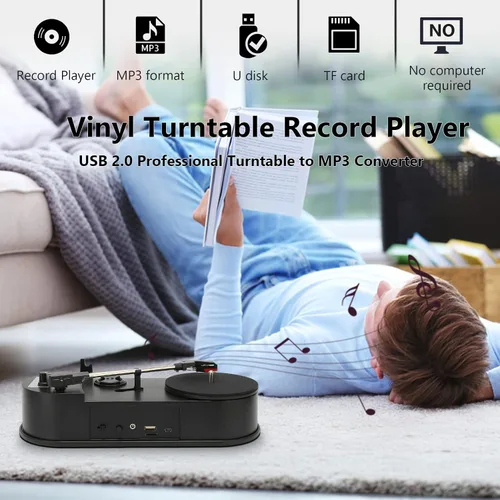 Vista 2 de Convertidor a MP3, tocadiscos profesional USB 2.0 tocadiscos a convertidor MP3, convierte registros a MP3 para facilitar la batería USB