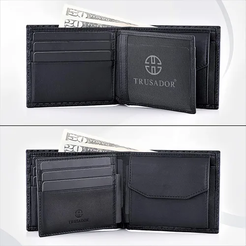 Vista 2 de TRUSADOR Treviso - Carteras plegables de cuero para hombre con bolsillo para monedas bloqueo RFID Carbon Clásico