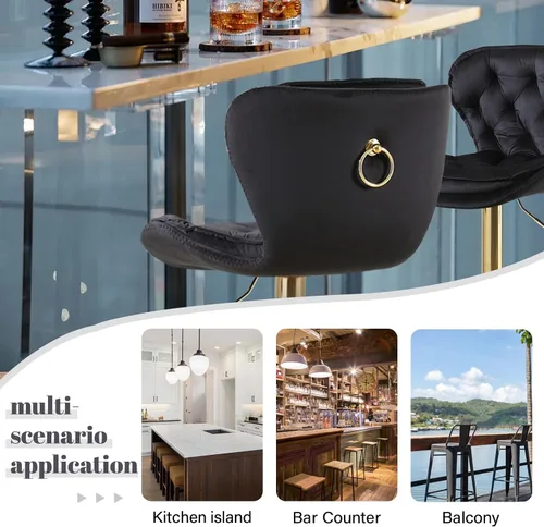 Vista 7 de Taburetes de bar de terciopelo, modernos taburetes giratorios de altura ajustable, sillas de mostrador de 360 grados con respaldo y base de metal