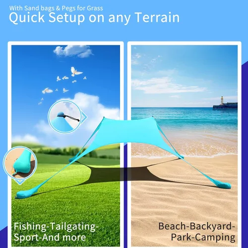 Vista 5 de Tienda de campaña de playa de 77 pies con protección UV UPF50+, toldo al aire libre con 2 postes para camping, pesca, patio trasero y pícnics