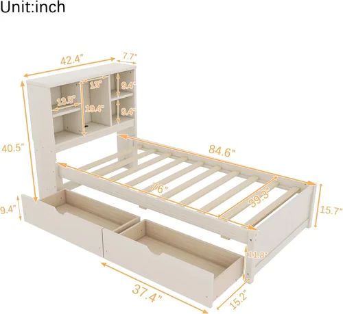 Vista 2 de SOFTSEA Twin Size Kids Bed Frame with Storage Drawers, Wood Platform Bed with Storage Headboard and Charging Station, No Box Spring Needed, Cream