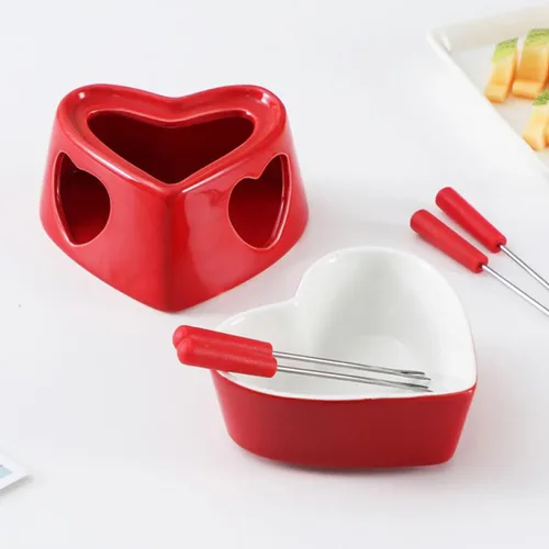 Vista 5 de Sizikato Juego de fondue de chocolate de porcelana roja en forma de corazón, 10 onzas