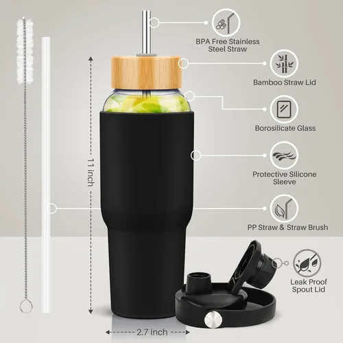 Vista 2 de PROBTTL Paquete de 2 botellas de agua de vidrio de 32 onzas, cada vaso con 2 popotes, funda de silicona, 2 tapas, boquilla con asa y tapa de popote