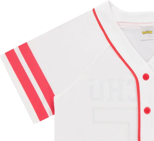 Vista 3 de Pokemon Camiseta de béisbol Pikachu para mujer, con botones y malla de pokeball Ash Pikachu, Charizard, con botones