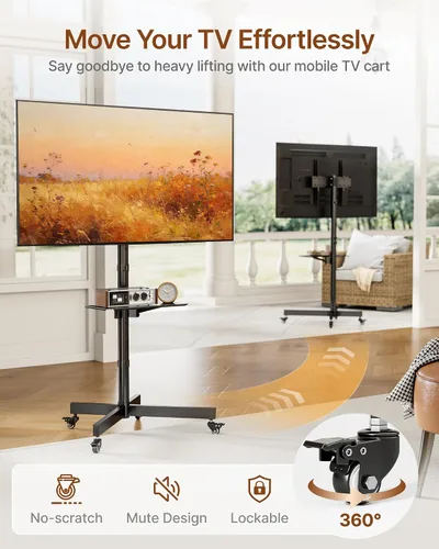 Vista 5 de Soporte de TV rodante resistente para pantallas de 23 a 60 pulgadas, soporta 121 libras (TV de 99 libras + estante de 22 libras), carrito de TV